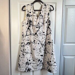 Patrizia Luca XL White Black Abstract Paint Splatter Print A-Line Mini Dress Mod